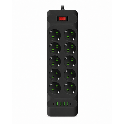 Мережевий фільтр-подовжувач 10 розеток + 4 USB + 2 PD, 2 м Black